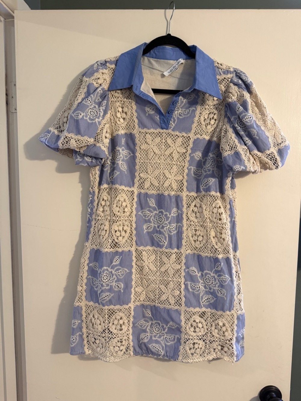 Sofie the Label Blue Striped Shirt with Cream Crochet Overlay